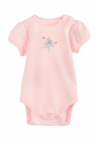Lyserød kortærmet heldragt lavet af bomuld. Har et broderet design af en kanin i en blå kjole med blomsterdetaljer. Trykknaplukning i bunden.