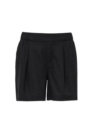 Pantaloni corti neri realizzati in tessuto leggero con cintura elastica, caratterizzati da pieghe frontali e una vestibilità rilassata. Texture liscia, design semplice.