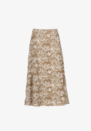 Jupe à motifs floraux en tissu texturé marron avec des fleurs blanches brodées, présentant un design évasé et une coupe mi-longue.