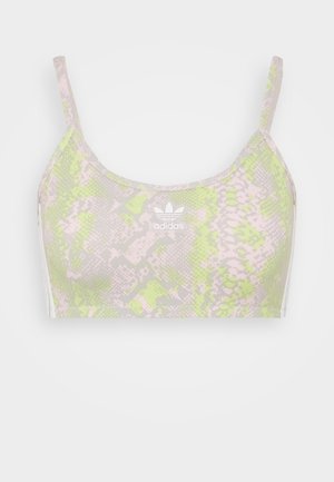 Lichtgewicht bh met een slangenhuidachtig patroon in groen, roze en grijs. Voorzien van dunne verstelbare bandjes en een wit logo aan de voorkant.