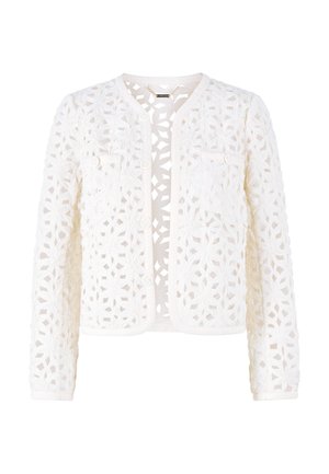 White lace jacket featuring an openwork floral pattern, rounded neckline, long sleeves, and two front pockets with button accents.