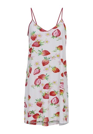 Weißes ärmelloses Kleid mit dünnen roten Trägern, versehen mit einem Muster aus roten Erdbeeren und kleinen rosa Blumen.