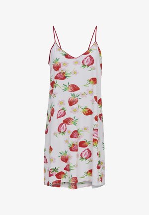 Biała sukienka bez rękawów z cienkimi czerwonymi ramiączkami, zdobiona wzorem czerwonych truskawek i małych różowych kwiatów.