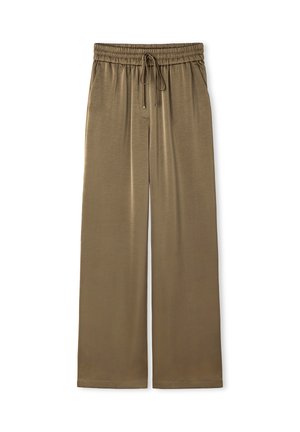Olivgrüne weite Hose mit elastischem Bund und Kordelzug, mit seitlichen Taschen, flach auf weißem Hintergrund liegend dargestellt.