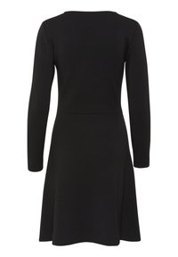 Abito nero a maniche lunghe con scollatura rotonda, vita aderente e gonna a trapezio. Realizzato in tessuto liscio e elasticizzato; design minimalista senza motivi.