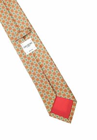Mønstret silket slå-krav featuring en brun baggrund med geometriske designs i turkis og gul, samt en ensfarvet rød spids. Hvidt brandingmærke vedhæftet.