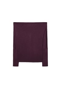 Maglia a maniche lunghe in tessuto viola scuro con una texture liscia; presenta accenti sui pannelli laterali e una vestibilità comoda con scollo ampio.
