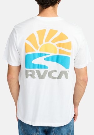 White cotton T-shirt featuring a colorful sunrise graphic in yellow and blue with a river design, and "RVCA" logo in gray at the center.