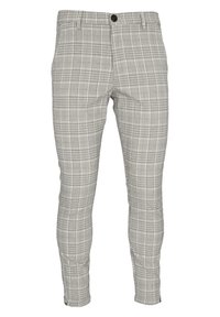 Šedé kárované kalhoty s úzkým střihem, vybavené zapínáním na knoflík, rovným předním dílem a texturovanou látkou. Výrazný kostkovaný vzor po celém povrchu.