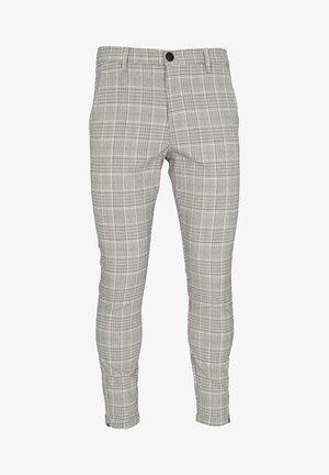 Grå ternede bukser med en slank pasform, der har knaplukning, glat front og struktureret stof. Bemærkelsesværdigt ternet mønster over det hele.