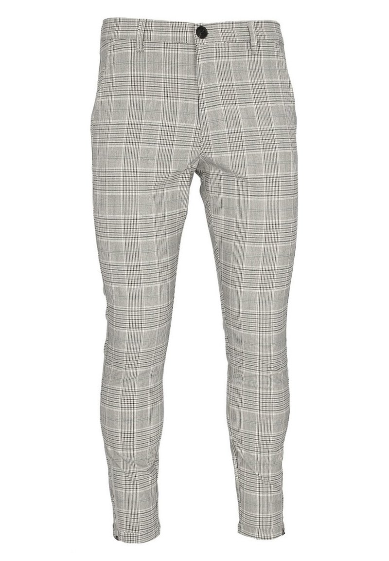 Šedé kárované kalhoty s úzkým střihem, vybavené zapínáním na knoflík, rovným předním dílem a texturovanou látkou. Výrazný kostkovaný vzor po celém povrchu.