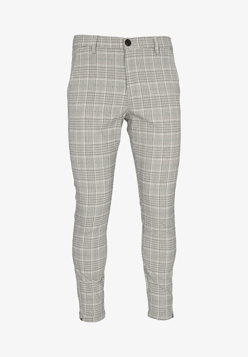 Šedé kárované kalhoty s úzkým střihem, vybavené zapínáním na knoflík, rovným předním dílem a texturovanou látkou. Výrazný kostkovaný vzor po celém povrchu.