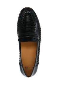 Black leather moccasin with braided detailing, textured upper, and a smooth, stitched design. Features a brown interior and flexible sole.