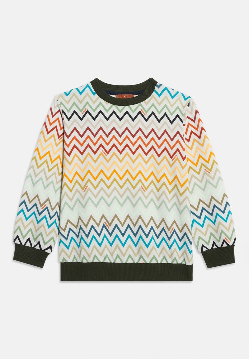 Sweat-shirt à manches longues, poignets et col côtelés vert foncé, avec un motif zigzag multicolore sur fond blanc.