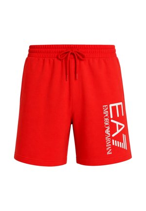 Pantalones cortos rojos para hombre con cintura elástica y cordón, con logo blanco EA7 Emporio Armani en la pierna derecha.