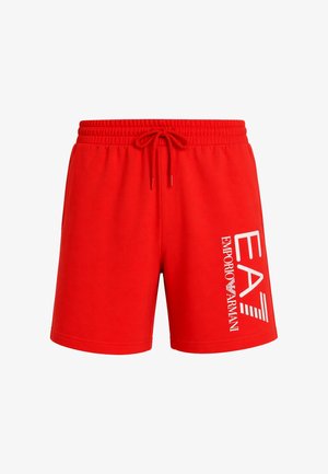 Pantalones cortos rojos para hombre con cintura elástica y cordón, con logo blanco EA7 Emporio Armani en la pierna derecha.
