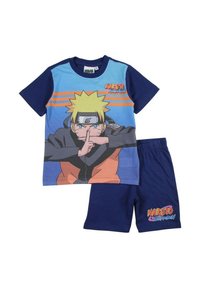 Ensemble t-shirt et short en coton bleu marine avec un motif d'un personnage de Naruto ; le t-shirt a des manches courtes et des accents orange.