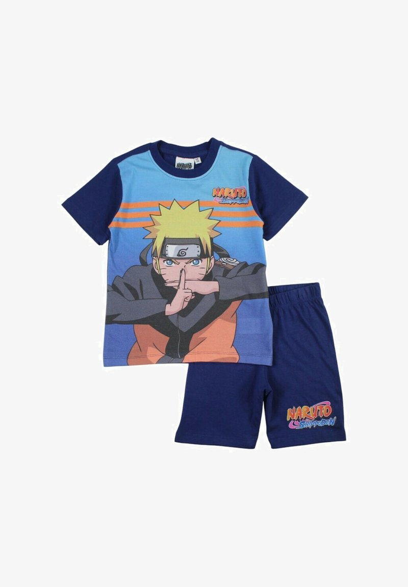 Ensemble t-shirt et short en coton bleu marine avec un motif d'un personnage de Naruto ; le t-shirt a des manches courtes et des accents orange.