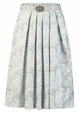 Lichtblauwe plissérok met bloemenpatroon en zilveren decoratieve gesp op de tailleband.