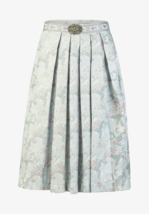 Lichtblauwe plissérok met bloemenpatroon en zilveren decoratieve gesp op de tailleband.