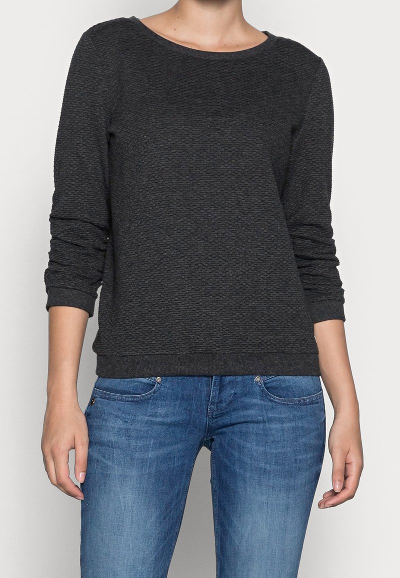 Tmavě šedá, texturovaná mikina s dlouhým rukávem, kulatým výstřihem a žebrovanými manžetami, kombinovaná s modrými džínami.