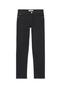 Jeans skinny de mezclilla negra con una textura suave, diseño estándar de cinco bolsillos y un cierre de botón metálico en la parte frontal.
