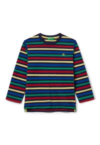 Langarmhemd mit horizontalen Streifen in Blau, Grün, Rot, Gelb und Schwarz. Weicher Stoff mit seitlichen Schlitzen und kleinem Logodetail.