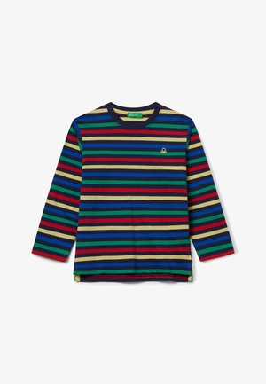 Langarmshirt met horizontale strepen in blauw, groen, rood, geel en zwart. Zachte stof met zijsplitten en een klein logodetail.