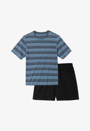 Ensemble décontracté pour homme comprenant un T-shirt à manches courtes bleu et gris à rayures et un short noir. Tissu en coton doux, coupe relaxe, taille élastique.