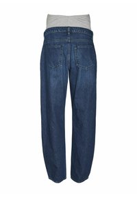 Denim jeans v temno modri barvi z visokim sivim elastičnim pasom, ki vključujejo dve zadnji žepu, sproščen kroj, ravne hlačnice in minimalno šivanje.