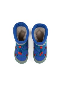 Blauwe geïsoleerde laarzen met een pluizige binnenkant, elastische groene veters en rode toggles, met een grijze rubberen zool en gevoerde enkelsteun.