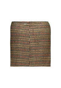 Ruitjesrok in aardetinten met hints van rood en groen. Heeft een getailleerd ontwerp en een rechte snit.