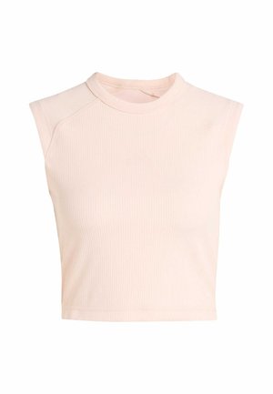 Vaaleanpunainen ribbineulottu crop-topp, jossa on korkea kaula-aukko ja hihaton malli. Sisältää hienovaraisen tekstuurisen kankaan ja ommellun helman.