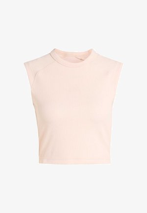 Vaaleanpunainen ribbineulottu crop-topp, jossa on korkea kaula-aukko ja hihaton malli. Sisältää hienovaraisen tekstuurisen kankaan ja ommellun helman.