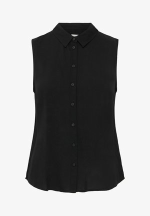 Czarna bezrękawnikowa bluzka z kołnierzykiem, z guzikiem z przodu i gładką fakturą. Zaokrąglony dół i luźny krój.