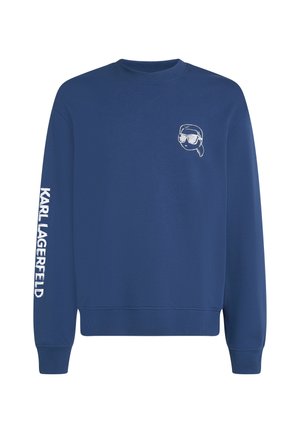Sudadera azul marino hecha de una mezcla de algodón, con un pequeño gráfico en el pecho y el texto "KARL LAGERFELD" en blanco a lo largo de la manga.