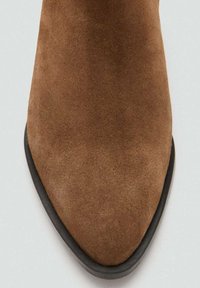 Botín de ante marrón con diseño de punta puntiaguda y suela plana negra. La superficie parece suave con un acabado mate.