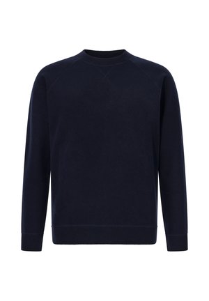 Navy blue sweatshirt with a round neckline, long raglan sleeves, ribbed cuffs and hem, made of soft material with a smooth texture.