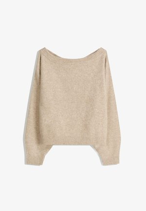 Beige gebreide sweater met een off-shoulder ontwerp, geribbelde manchetten en onderrand. Zachte textuur met een iets losse pasvorm en boxy vorm.