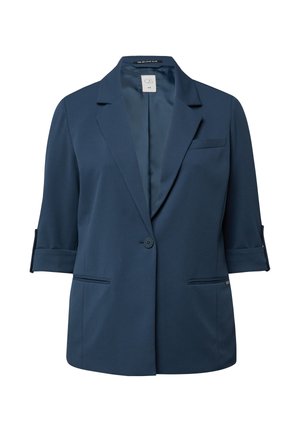 Granatowy damski żakiet z pojedynczym guzikiem, klapami z wycięciem, rękawami o długości do ćwiartki z zakładką oraz dwoma przednimi kieszeniami z patkami.