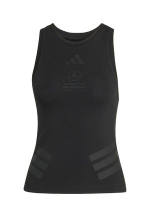 Black sleeveless sports top featuring Adidas and Mercedes AMG Petronas Formula 1 team logos with subtle three-stripe detailing on sides.