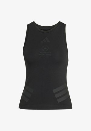 Black sleeveless sports top featuring Adidas and Mercedes AMG Petronas Formula 1 team logos with subtle three-stripe detailing on sides.