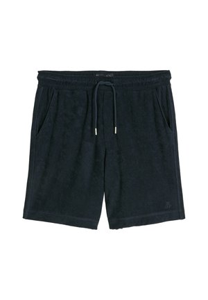 Schwarze Frottee-Shorts mit elastischem Bund, verstellbarem Kordelzug, Seitentaschen und dezentem Logo am unteren linken Bein.