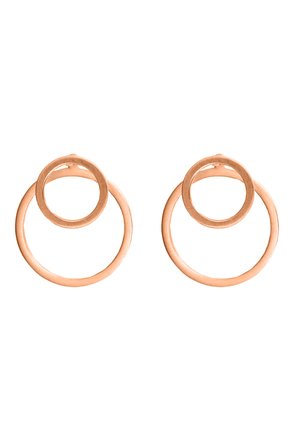 Ohrringe aus rosévergoldetem Metall mit einem kreisförmigen Design, das einen kleineren Ohrring an einem größeren äußeren Ring befestigt, glatte Oberfläche.