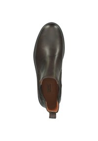 Braune Lederstiefelette mit glatter Textur, elastischen Seiteneinsätzen und einem Ziehschlaufen. Verfügt über eine Gummisohle für Trittfestigkeit und Komfort.