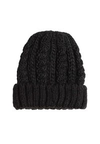 Black knitted beanie with a textured cable design and a ribbed cuff, featuring loose, thick yarn.