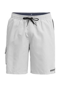 Ανδρικά μαγιό σορτς σε ανοιχτό γκρι χρώμα, κατασκευασμένα από ύφασμα γρήγορου στεγνώματος. Διαθέτουν ρυθμιζόμενο κορδόνι στη μέση, πλαϊνή τσέπη cargo και μαύρες λεπτομέρειες.