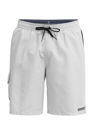 Shorts de bain pour hommes, gris clair, en tissu à séchage rapide. Dotés d'une taille ajustable avec cordon, d'une poche cargo latérale et d'accents noirs.