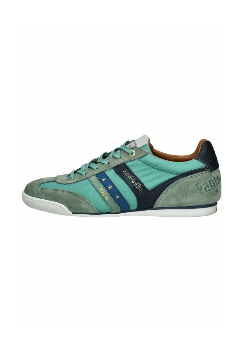Green and navy suede sneaker with three blue stripes, gold accents, a textile upper, and a white rubber sole. Features embossed branding on the heel.