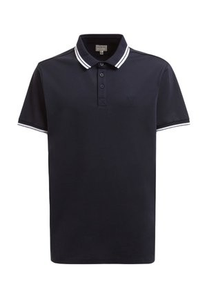 Polo de color navy hecho de tela suave, con un cuello con rayas blancas, una tapeta de tres botones y un pequeño logo en el pecho.